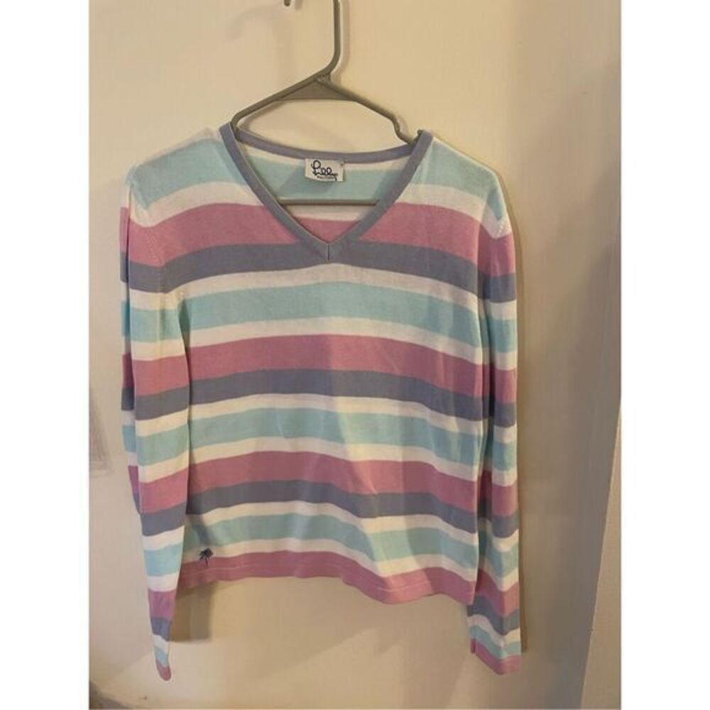 Lilly Pulitzer Pastel Stripe V-Neck Long Sleeve Tee - Pink, Purple, Blue, White
